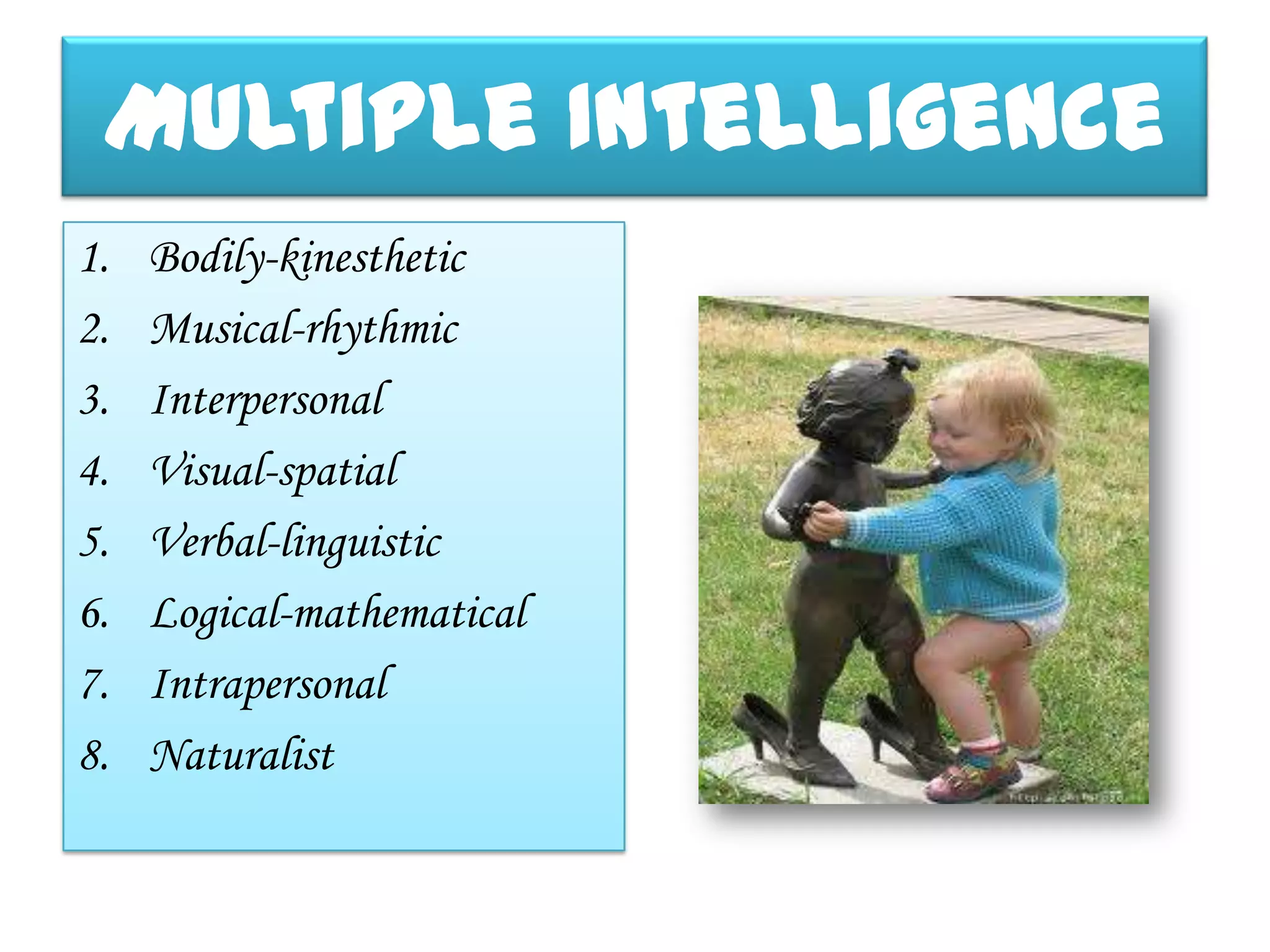 Multiple Intelligence
1.   Bodily-kinesthetic
2.   Musical-rhythmic
3.   Interpersonal
4.   Visual-spatial
5.   Verbal-linguistic
6.   Logical-mathematical
7.   Intrapersonal
8.   Naturalist
 