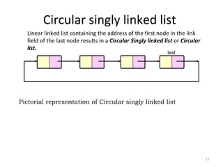 Circular singly linked list Linear linked list containing the address of the first node in the link field of the last node results in a  Circular Singly linked list  or   Circular list. last Pictorial representation of Circular singly linked list 