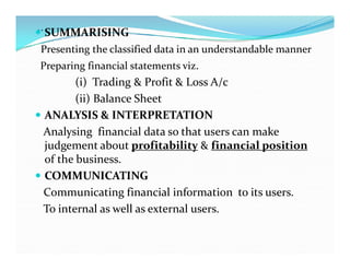 ..
 SUMMARISING
Presenting the classified data in an understandable manner
Preparing financial statements viz.
(i) Trading & Profit & Loss A/c
(ii) Balance Sheet
 ANALYSIS & INTERPRETATION
Analysing financial data so that users can make
Analysing financial data so that users can make
judgement about profitability & financial position
of the business.
 COMMUNICATING
Communicating financial information to its users.
To internal as well as external users.
 
