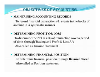 OBJECTIVES OF ACCOUNTING
 MAINTAINING ACCOUNTING RECORDS
To record financial transactions & events in the books of
account in a systematic manner
 DETERMINING PROFIT OR LOSS
To determine the Net results of transactions over a period
To determine the Net results of transactions over a period
of time through Trading and Profit & Loss A/c
Also called as Income Statement
 DETERMINING FINANCIAL POSITION
To determine financial position through Balance Sheet
Balance Sheet
Also called as Position statement
 