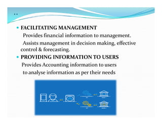 ..
 FACILITATING MANAGEMENT
Provides financial information to management.
Assists management in decision making, effective
control & forecasting.
 PROVIDING INFORMATION TO USERS
Provides Accounting information to users
Provides Accounting information to users
to analyse information as per their needs
 