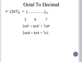 Octal To Decimal
 (267)8 = (…………)10
        2     6       7
       2x82 + 6x81 + 7x80
       2x64 + 6x8 + 7x1
 