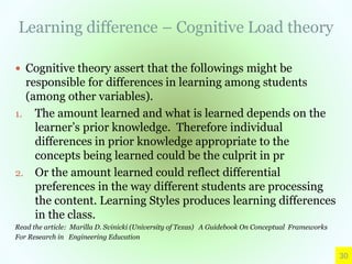 Learning difference – Cognitive Load theory
 Cognitive theory assert that the followings might be
responsible for differences in learning among students
(among other variables).
1. The amount learned and what is learned depends on the
learner’s prior knowledge. Therefore individual
differences in prior knowledge appropriate to the
concepts being learned could be the culprit in pr
2. Or the amount learned could reflect differential
preferences in the way different students are processing
the content. Learning Styles produces learning differences
in the class.
Read the article: Marilla D. Svinicki (University of Texas) A Guidebook On Conceptual Frameworks
For Research in Engineering Education
30
 