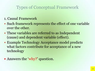 Types of Conceptual Framework
36
1. Causal Framework
 Such framework represents the effect of one variable
over the other.
 These variables are referred to as Independent
(cause) and dependent variable (effect).
 Example Technology Acceptance model predicts
what factors contribute for acceptance of a new
technology
 Answers the ‘why?’ question.
 