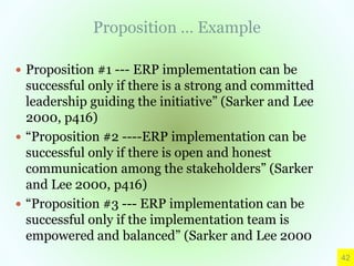 Proposition … Example
 Proposition #1 --- ERP implementation can be
successful only if there is a strong and committed
leadership guiding the initiative” (Sarker and Lee
2000, p416)
 “Proposition #2 ----ERP implementation can be
successful only if there is open and honest
communication among the stakeholders” (Sarker
and Lee 2000, p416)
 “Proposition #3 --- ERP implementation can be
successful only if the implementation team is
empowered and balanced” (Sarker and Lee 2000
42
 