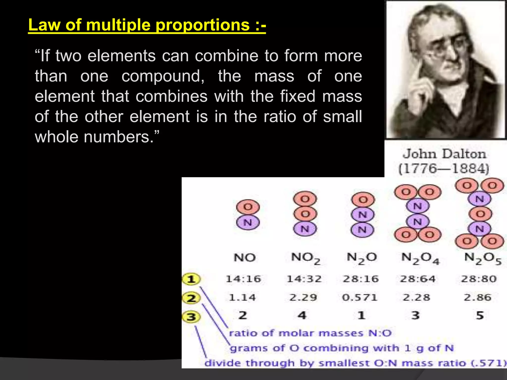 Law of multiple proportions :-
“If two elements can combine to form more
than one compound, the mass of one
element that combines with the fixed mass
of the other element is in the ratio of small
whole numbers.”
 