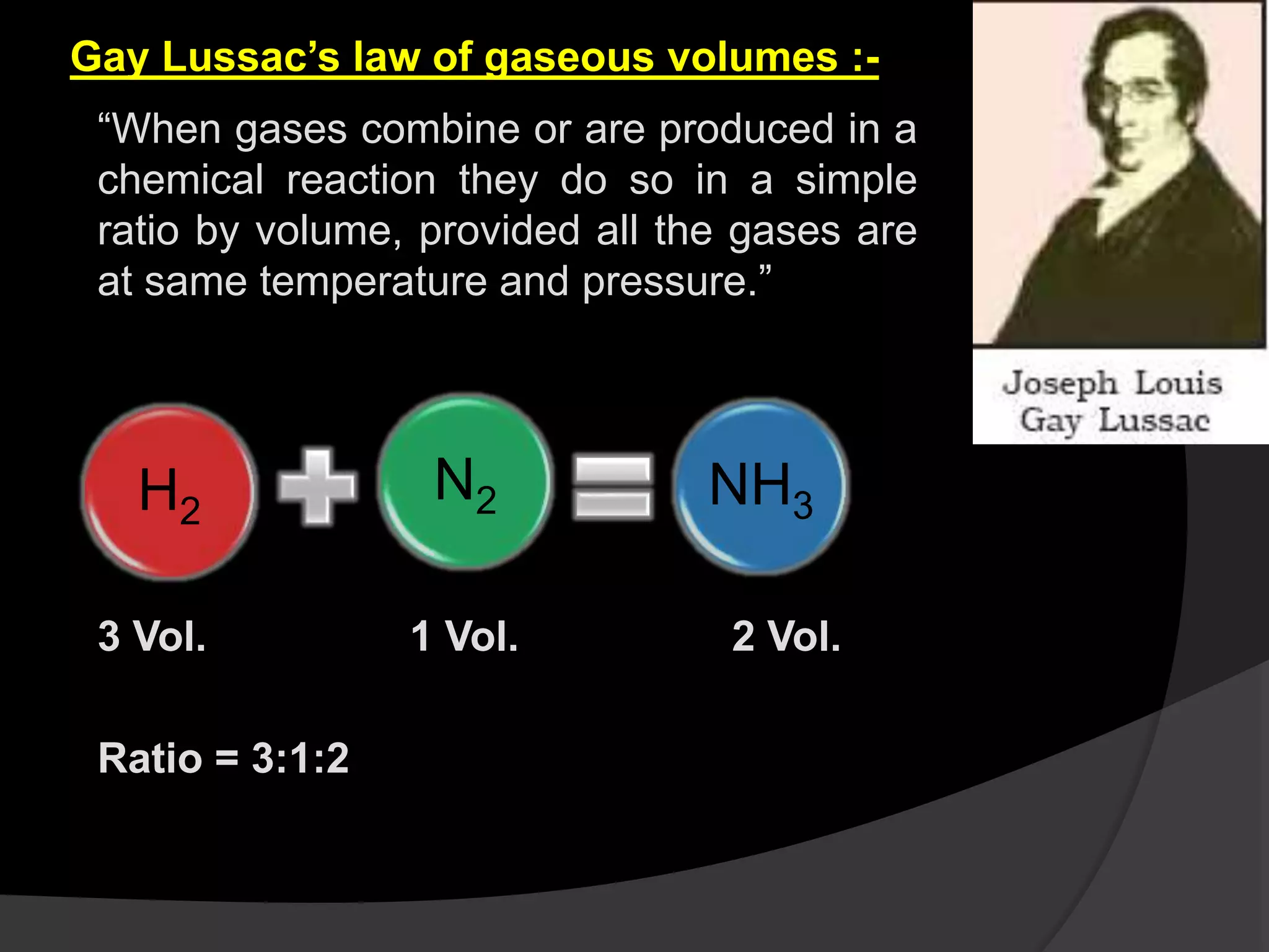 Gay Lussac’s law of gaseous volumes :-
“When gases combine or are produced in a
chemical reaction they do so in a simple
ratio by volume, provided all the gases are
at same temperature and pressure.”
3 Vol. 1 Vol. 2 Vol.
Ratio = 3:1:2
H2
N2 NH3
 