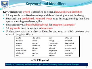 Keyword and Identifiers
Keywords: Every c word is classified as either a keyword or an identifier.
 All keywords have fixed meanings and these meaning can not be changed.
 Keywords are predefined, reserved words used in programming that have
special meanings to the compiler.
 Keywords serve as basic building block for program statements.
 All keywords must be written in lowercase.
 Underscore character is also an identifier and used as a link between two
words in long identifiers.
ANSI C Keyword
58
 