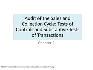 ©2010 Prentice Hall Business Publishing, Auditing 13/e, Arens//Elder/Beasley 14 - 1
©2010 Prentice Hall Business Publishing, Auditing 13/e, Arens/Elder/Beasley 14 - 1
Audit of the Sales and
Collection Cycle: Tests of
Controls and Substantive Tests
of Transactions
Chapter 2
 