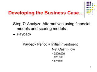 30
Developing the Business Case…
Step 7: Analyze Alternatives using financial
models and scoring models
 Payback
Payback Period = Initial Investment
Net Cash Flow
= $100,000
$20,000
= 5 years
 