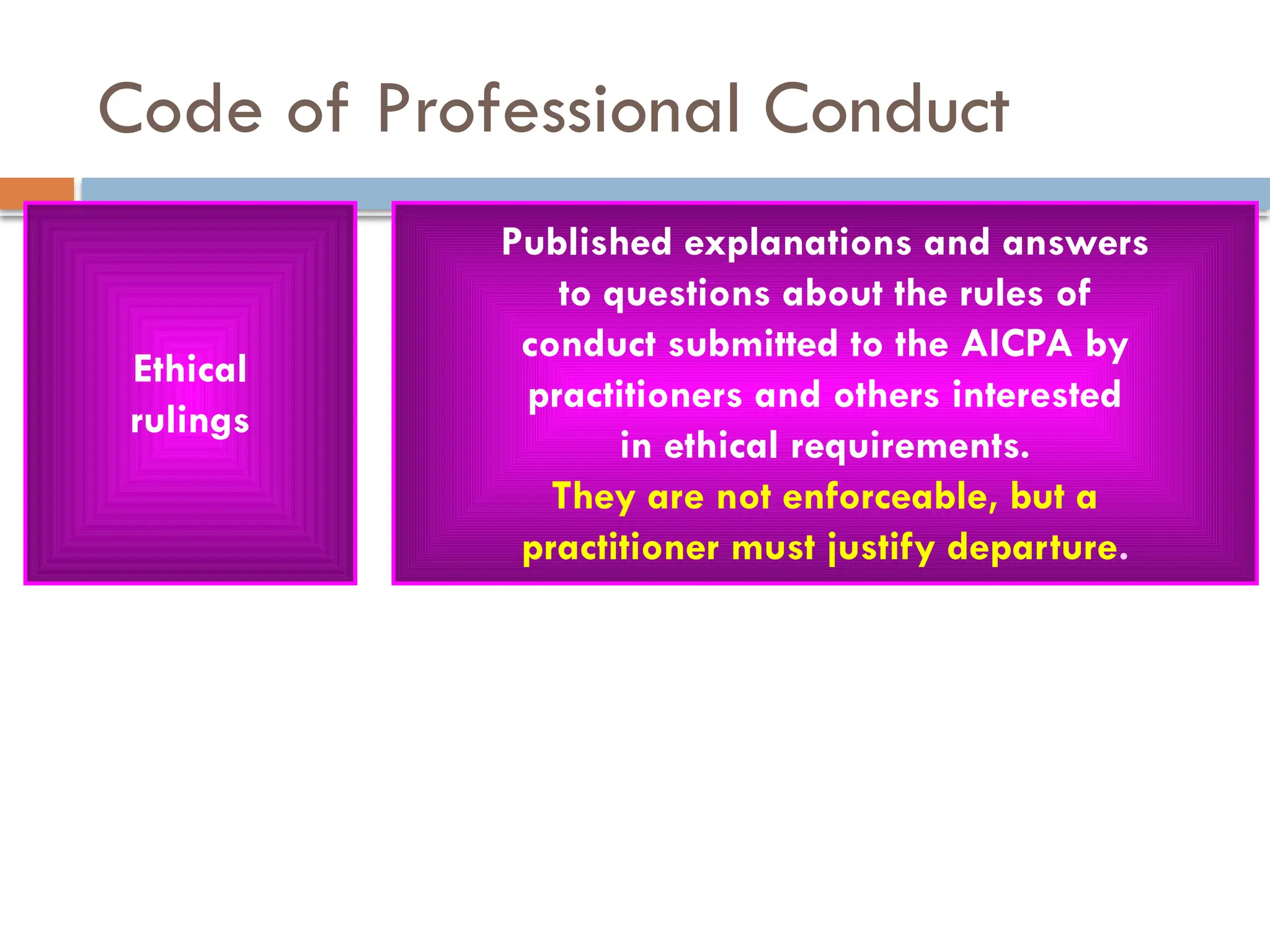 Code of Professional Conduct
Ethical
rulings
Published explanations and answers
to questions about the rules of
conduct submitted to the AICPA by
practitioners and others interested
in ethical requirements.
They are not enforceable, but a
practitioner must justify departure.
 