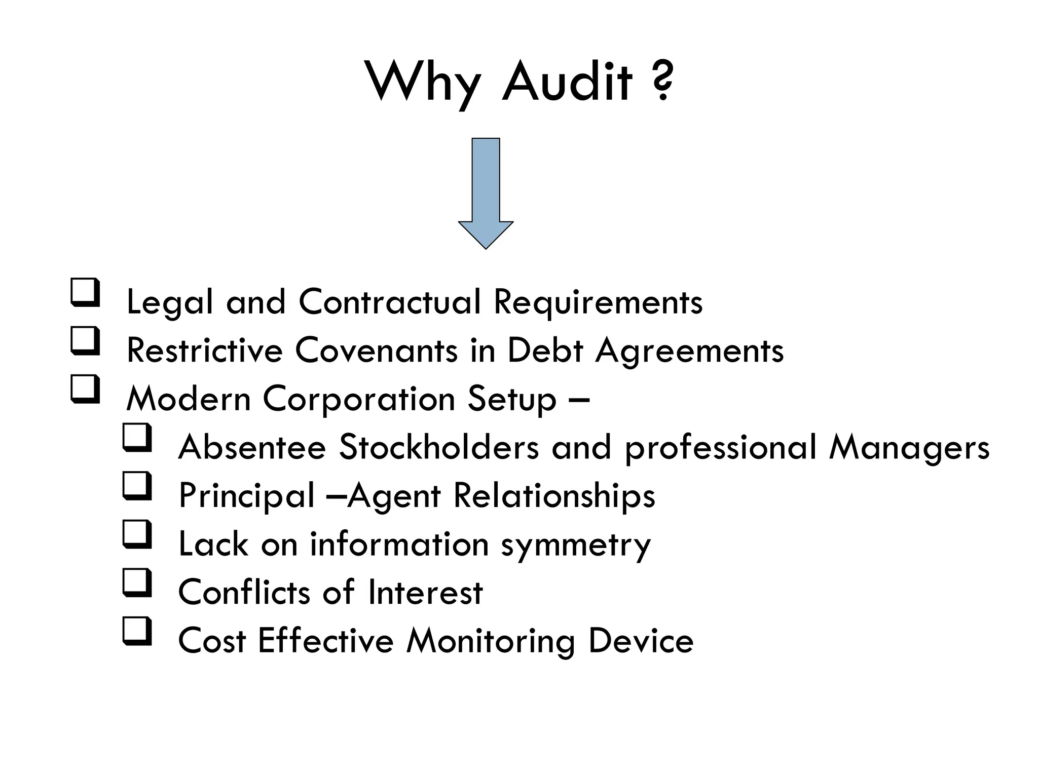 Why Audit ?
 Legal and Contractual Requirements
 Restrictive Covenants in Debt Agreements
 Modern Corporation Setup –
 Absentee Stockholders and professional Managers
 Principal –Agent Relationships
 Lack on information symmetry
 Conflicts of Interest
 Cost Effective Monitoring Device
 