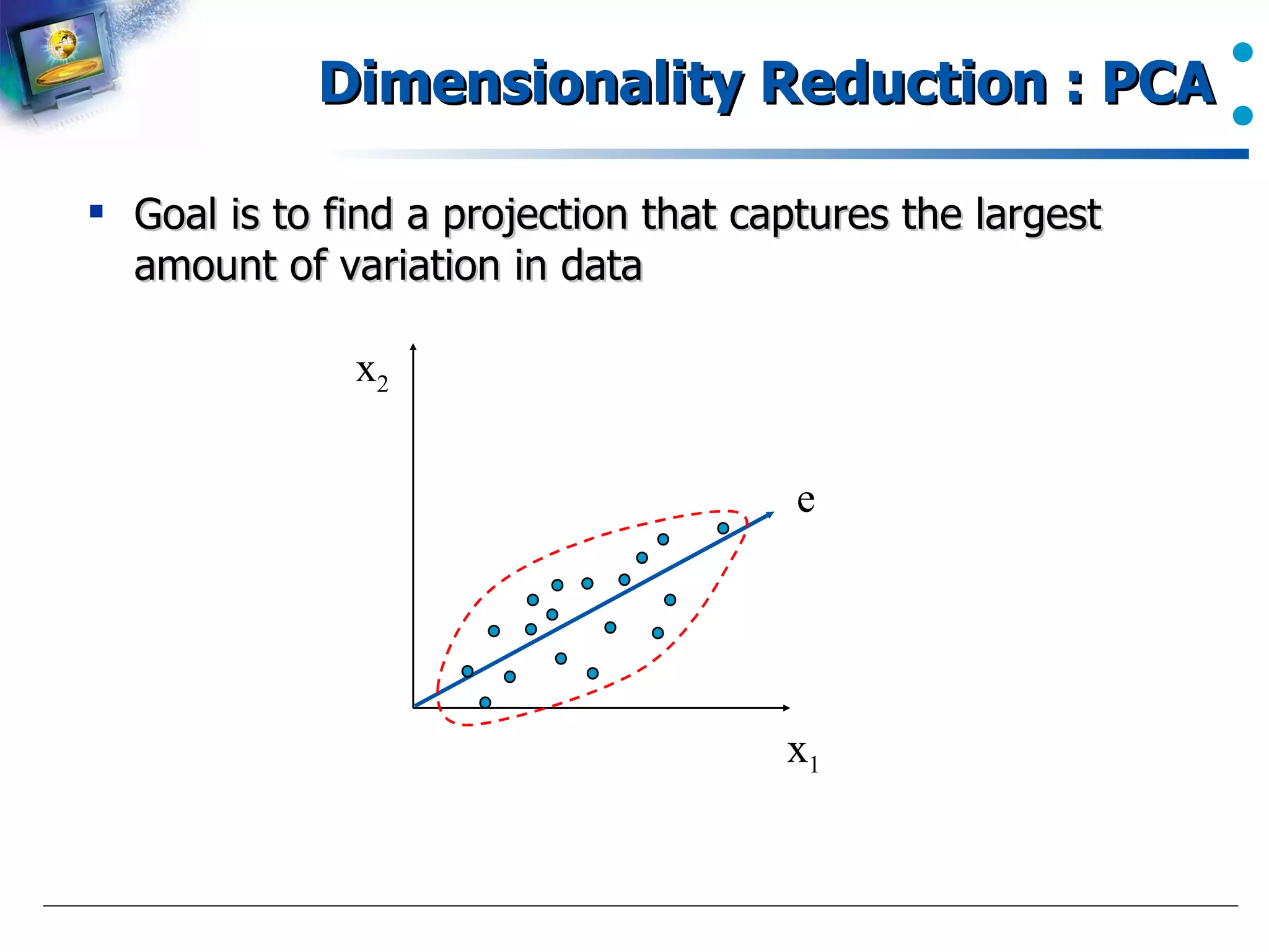 Dimensionality Reduction : PCA Goal is to find a projection that captures the largest  amount of variation in data x 2 x 1 e 