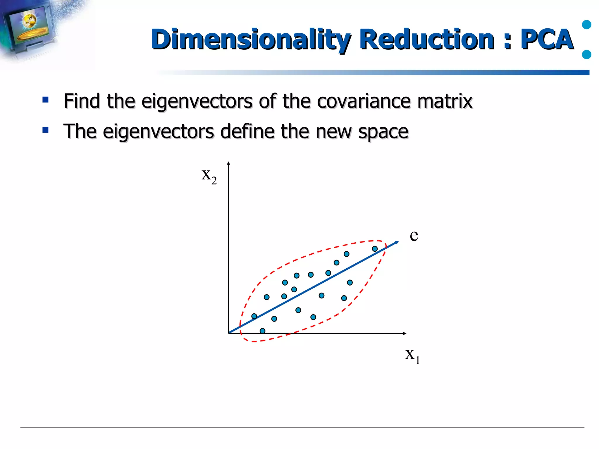 Dimensionality Reduction : PCA Find the eigenvectors of the covariance matrix The eigenvectors define the new space x 2 x 1 e 
