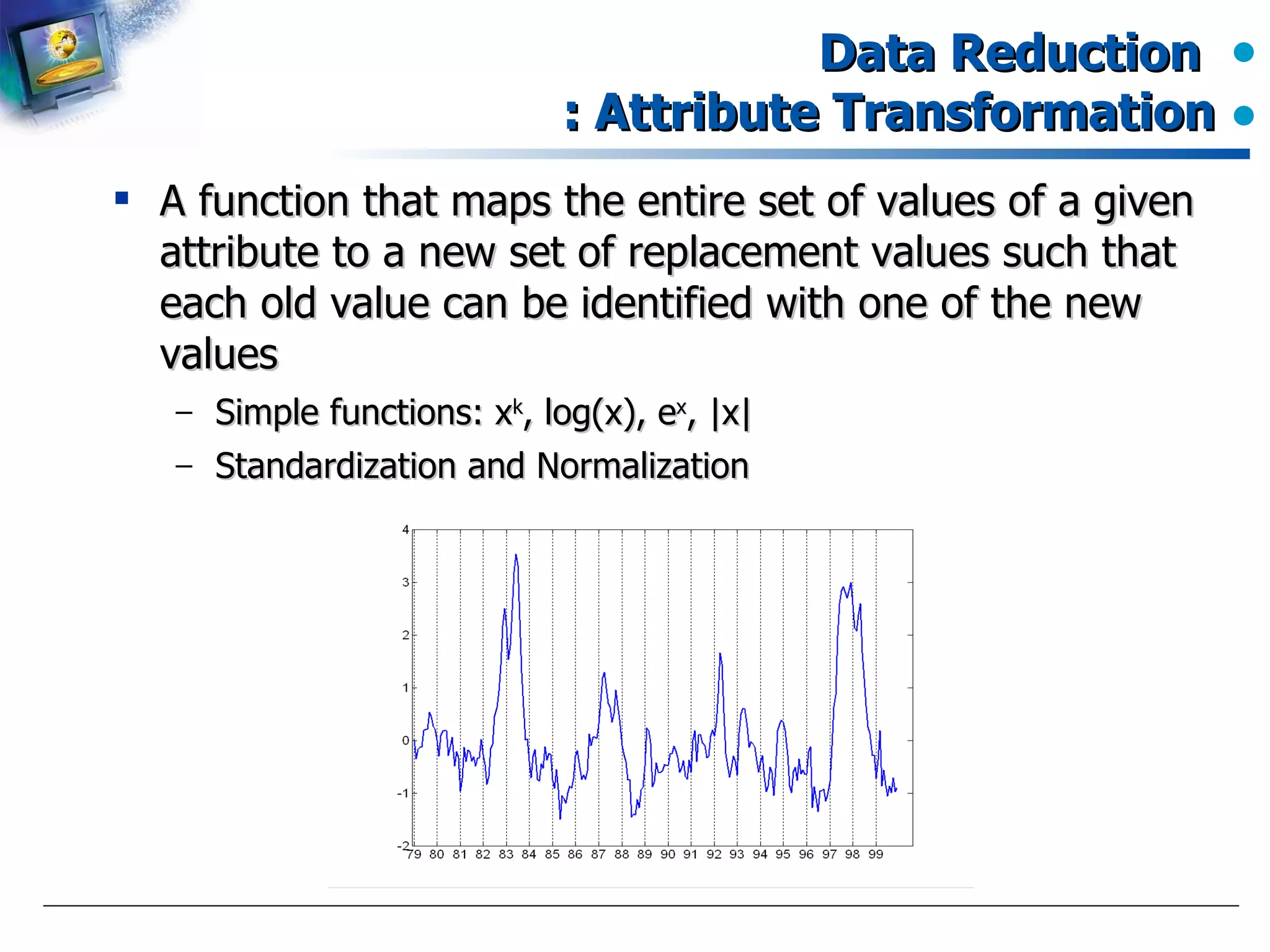 Data Reduction  : Attribute Transformation A function that maps the entire set of values of a given attribute to a new set of replacement values such that each old value can be identified with one of the new values Simple functions: x k , log(x), e x , |x| Standardization and Normalization  