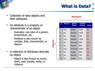 What is Data? Collection of data objects and their attributes An attribute is a property or characteristic of an object Examples: eye color of a person, temperature, etc. Attribute is also known as variable, field, characteristic, or feature A collection of attributes describe an object Object is also known as record, point, case, sample, entity, or instance Attributes Objects 