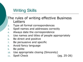 Writing Skills The rules of writing effective Business Letters Type all formal correspondences Spell names and addresses correctly  Always date the correspondence Use names and titles of people appropriately Be direct and positive Be persuasive and specific Avoid fancy language Be polite Use appropriate closing (Sincerely) Spell Check  (pg. 25-26) 