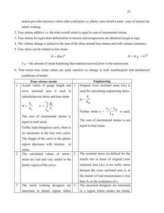 10


      strains provides incorrect values after yield point i.e. plastic zone which a main zone of interest for
      metal working.
2. True strains additive i.e. the total overall strain is equal to sum of incremental strains.
3. True strains for equivalent deformation in tension and compression are identical except in sign.
4. The volume change is related to the sum of the three normal true strains and with volume constancy.
5. True stress can be related to true strain.

                               σ = K (∈) n                                                       σ = (∈0 + ∈) n

      ∈0 = the amount of strain hardening that material received prior to the tension test.

6. True−stress−true strain values are quite sensitive to change in both metallurgical and mechanical
      conditions of matter.
            True−stress−strain                                  Engineering
 1.   Actual values of gauge length and 1.            Original cross sectional areas (A0) is
      cross sectional area is used in                 used for calculating engineering stress.
      calculating true stress and true strain.              Fi
                                                      S=
                          Li                               A0
            Fi            dL
      σ=            ∈= ∫
           Ai          L0
                           L                                                   Li − L0
                                                      Further strain e =               is used.
                                                                                  L0
      The sum of incremental strains is
                                                      The sum of incremental strains is not
      equal to total strain
                                                      equal to total strain.
      Unlike load elongation curve, there is
      no maximum in the true strin curve.
      The sloppe of the curve in the plastic
      region decreases with increase            in
      strain
 2.   The calculated values of stress− 2.             The nominal stress (s) defined for the
      strain are real and very useful in the          tensile test in terms of original cross
      plastic region of the curve.                    sectional area (A0) is not really stress
                                                      because the cross sectional area Ai at
                                                      the instant of load measurement is less
                                                      than A0 in the evaluation of s.
 3.   The metal working designers are 3.              The structural designers are interested
      interested in plastic region where              in a region where strains are elastic
 