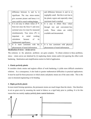 11


      difference between Ai and A0 is                   and difference between Ai and A0 is
      significant. The true stress−strains              negligibly small. But this is not true in
      give accurate picture and hence it is             the plastic region and especially when
      more useful to metal working designs.             maximum load is reached.
 4.   It is not easy to obtain values of σ         4.   It is easy to obtain these values
      from test since the force Fi and cross            through    test   and   convenient−less
      sectional area (Ai) must be measured              costly.   These   values   are   widely
      simultaneously. True stress ( σ ) is              available and documented.
      important      in      metal    working
      calculation         because    of      its
      fundamental significance.
 5.   It is more consistent with the 5.                 It is less consistent with physical
      phenomenon of metal deformation.                  phenomenon of metal deformation.
Idealisation of stress – strain curves
The solutions to the plasticity problems are quite complex. To obtain solution to these problems,
stress – strain curves are idealized by [i] neglecting elastic strains and/or [ii] ignoring the effect work
hardening. Idealization and simplification restrict its field of application.


1. Elastic perfectly plastic
It considers elastic strains and neglects effects of work hardening; it yields more difficult constitutive
relations. As a consequence, it also leads to greater mathematical difficulties in practical applications.
It must be used for those processes in which elastic and plastic strains are of the same order. This is the
case in structural engineering or for bending.


2. Rigid, perfectly plastic
In most metal forming operations, the permanent strains are much longer than the elastic. One therefore
in air no great error by assuming the metal to behave as a rigid body prior to yielding. It is for this
reason that one mainly employs perfectly plastic material idealisation.
 
