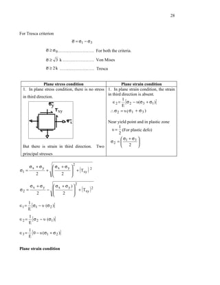 28



For Tresca criterion
                                σ = σ1 − σ 3

                   σ ≥ σ 0 ……………………. For both the criteria.

                   σ ≥ 3 k …………………. Von Mises
                   σ ≥ 2 k …………………… Tresca


               Plane stress condition                       Plane strain condition
  1. In plane stress condition, there is no stress 1. In plane strain condition, the strain
                                                   in third direction is absent.
  in third direction.
                                                            1
                                                      ∈2 = [ σ 2 − υ(σ 3 + σ1 )]
                                                            E
                                                    ∴ σ 2 = υ ( σ1 + σ 3 )

                                                   Near yield point and in plastic zone
                                                         1
                                                    υ = (For plastic defo)
                                                         2
                                                           σ + σ3 
                                                    σ2 =  1        
  But there is strain in third direction.      Two            2    
  principal stresses

                                2
     σx + σy    σx + σy 
σ1 =
        2
             + 
                   2
                          + Txy 2
                                       ( )
                        
                                    2
        σx + σy       σx + σy ) 
σ2 =
            2
                   − 
                         2            ( )
                                  + Txy 2
                                
       1
∈1 =     [ σ1 − υ (σ 2 )]
       E
       1
∈2 =     [ σ 2 − υ (σ1 )]
       E
       1
∈3 =     [ 0 − υ (σ1 + σ 2 )]
       E

Plane strain condition
 