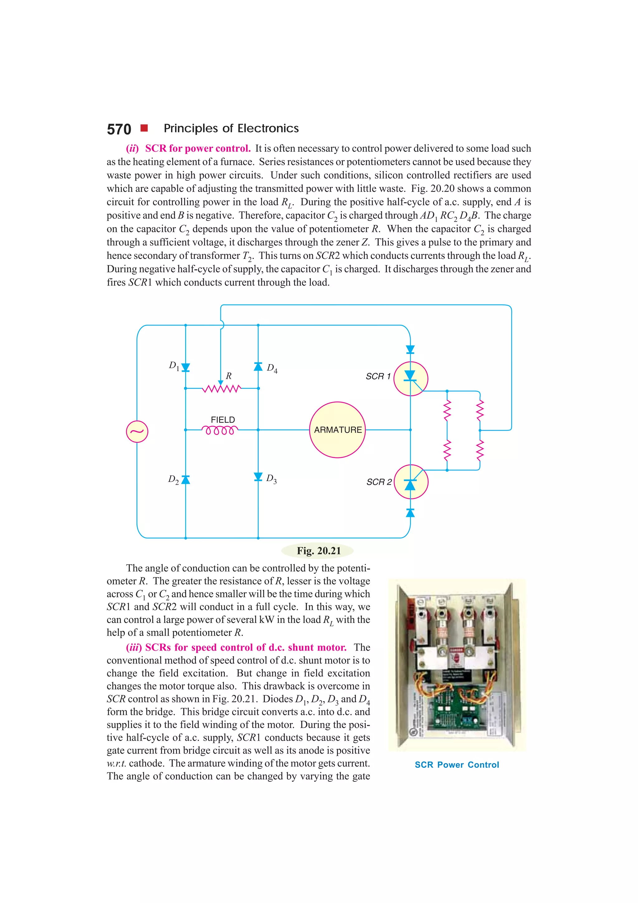 570 Principles of Electronics
(ii) SCR for power control. It is often necessary to control power delivered to some load such
as the heating element of a furnace. Series resistances or potentiometers cannot be used because they
waste power in high power circuits. Under such conditions, silicon controlled rectifiers are used
which are capable of adjusting the transmitted power with little waste. Fig. 20.20 shows a common
circuit for controlling power in the load RL. During the positive half-cycle of a.c. supply, end A is
positive and end B is negative. Therefore, capacitor C2 is charged through AD1 RC2 D4B. The charge
on the capacitor C2 depends upon the value of potentiometer R. When the capacitor C2 is charged
through a sufficient voltage, it discharges through the zener Z. This gives a pulse to the primary and
hence secondary of transformer T2. This turns on SCR2 which conducts currents through the load RL.
During negative half-cycle of supply, the capacitor C1 is charged. It discharges through the zener and
fires SCR1 which conducts current through the load.
Fig. 20.21
The angle of conduction can be controlled by the potenti-
ometer R. The greater the resistance of R, lesser is the voltage
across C1 or C2 and hence smaller will be the time during which
SCR1 and SCR2 will conduct in a full cycle. In this way, we
can control a large power of several kW in the load RL with the
help of a small potentiometer R.
(iii) SCRs for speed control of d.c. shunt motor. The
conventional method of speed control of d.c. shunt motor is to
change the field excitation. But change in field excitation
changes the motor torque also. This drawback is overcome in
SCR control as shown in Fig. 20.21. Diodes D1, D2, D3 and D4
form the bridge. This bridge circuit converts a.c. into d.c. and
supplies it to the field winding of the motor. During the posi-
tive half-cycle of a.c. supply, SCR1 conducts because it gets
gate current from bridge circuit as well as its anode is positive
w.r.t. cathode. The armature winding of the motor gets current.
The angle of conduction can be changed by varying the gate
SCR Power Control
 