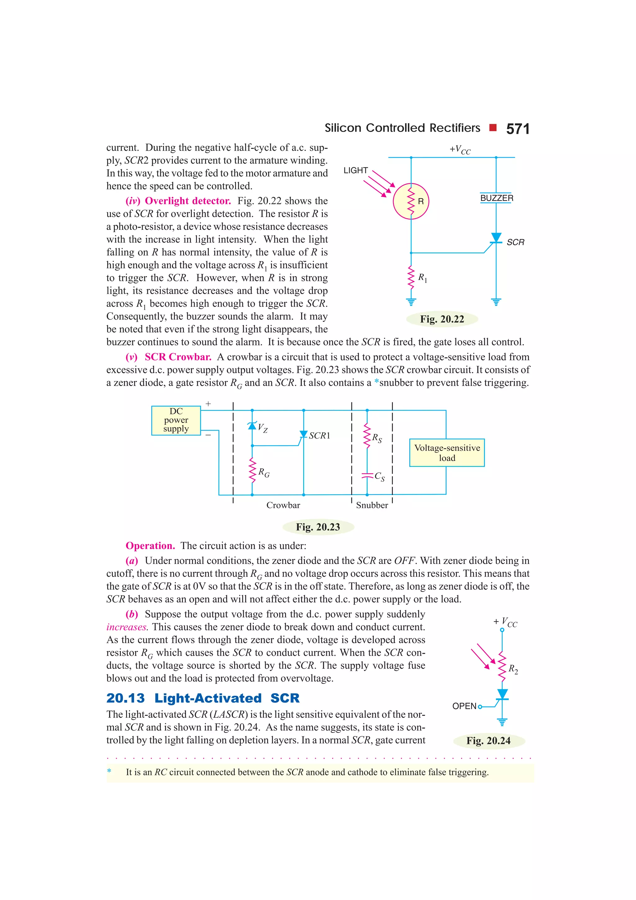 Silicon Controlled Rectifiers 571
Fig. 20.24
current. During the negative half-cycle of a.c. sup-
ply, SCR2 provides current to the armature winding.
In this way, the voltage fed to the motor armature and
hence the speed can be controlled.
(iv) Overlight detector. Fig. 20.22 shows the
use of SCR for overlight detection. The resistor R is
a photo-resistor, a device whose resistance decreases
with the increase in light intensity. When the light
falling on R has normal intensity, the value of R is
high enough and the voltage across R1 is insufficient
to trigger the SCR. However, when R is in strong
light, its resistance decreases and the voltage drop
across R1 becomes high enough to trigger the SCR.
Consequently, the buzzer sounds the alarm. It may
be noted that even if the strong light disappears, the
buzzer continues to sound the alarm. It is because once the SCR is fired, the gate loses all control.
(v) SCR Crowbar. A crowbar is a circuit that is used to protect a voltage-sensitive load from
excessive d.c. power supply output voltages. Fig. 20.23 shows the SCR crowbar circuit. It consists of
a zener diode, a gate resistor RG and an SCR. It also contains a *snubber to prevent false triggering.
Fig. 20.23
Operation. The circuit action is as under:
(a) Under normal conditions, the zener diode and the SCR are OFF. With zener diode being in
cutoff, there is no current through RG and no voltage drop occurs across this resistor. This means that
the gate of SCR is at 0V so that the SCR is in the off state. Therefore, as long as zener diode is off, the
SCR behaves as an open and will not affect either the d.c. power supply or the load.
(b) Suppose the output voltage from the d.c. power supply suddenly
increases. This causes the zener diode to break down and conduct current.
As the current flows through the zener diode, voltage is developed across
resistor RG which causes the SCR to conduct current. When the SCR con-
ducts, the voltage source is shorted by the SCR. The supply voltage fuse
blows out and the load is protected from overvoltage.
20.13 Light-Activated SCR
The light-activated SCR (LASCR) is the light sensitive equivalent of the nor-
mal SCR and is shown in Fig. 20.24. As the name suggests, its state is con-
trolled by the light falling on depletion layers. In a normal SCR, gate current
Fig. 20.22
○ ○ ○ ○ ○ ○ ○ ○ ○ ○ ○ ○ ○ ○ ○ ○ ○ ○ ○ ○ ○ ○ ○ ○ ○ ○ ○ ○ ○ ○ ○ ○ ○ ○ ○ ○ ○ ○ ○ ○ ○ ○ ○ ○ ○ ○ ○ ○ ○ ○
* It is an RC circuit connected between the SCR anode and cathode to eliminate false triggering.
 