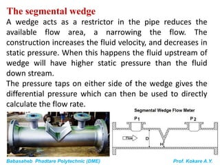 Babasaheb Phadtare Polytechnic (DME) Prof. Kokare A.Y.
The segmental wedge
A wedge acts as a restrictor in the pipe reduces the
available flow area, a narrowing the flow. The
construction increases the fluid velocity, and decreases in
static pressure. When this happens the fluid upstream of
wedge will have higher static pressure than the fluid
down stream.
The pressure taps on either side of the wedge gives the
differential pressure which can then be used to directly
calculate the flow rate.
 