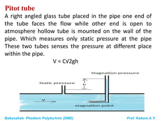 Babasaheb Phadtare Polytechnic (DME) Prof. Kokare A.Y.
Pitot tube
A right angled glass tube placed in the pipe one end of
the tube faces the flow while other end is open to
atmosphere hollow tube is mounted on the wall of the
pipe. Which measures only static pressure at the pipe
These two tubes senses the pressure at different place
within the pipe.
V = C√2gh
 