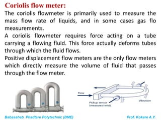Babasaheb Phadtare Polytechnic (DME) Prof. Kokare A.Y.
Coriolis flow meter:
The coriolis flowmeter is primarily used to measure the
mass flow rate of liquids, and in some cases gas flo
measurements.
A coriolis flowmeter requires force acting on a tube
carrying a flowing fluid. This force actually deforms tubes
through which the fluid flows.
Positive displacement flow meters are the only flow meters
which directly measure the volume of fluid that passes
through the flow meter.
 