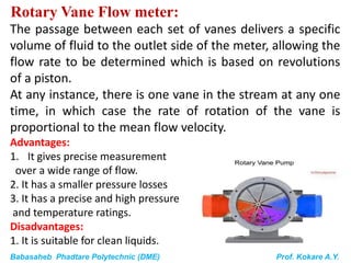 Babasaheb Phadtare Polytechnic (DME) Prof. Kokare A.Y.
Rotary Vane Flow meter:
The passage between each set of vanes delivers a specific
volume of fluid to the outlet side of the meter, allowing the
flow rate to be determined which is based on revolutions
of a piston.
At any instance, there is one vane in the stream at any one
time, in which case the rate of rotation of the vane is
proportional to the mean flow velocity.
Advantages:
1. It gives precise measurement
over a wide range of flow.
2. It has a smaller pressure losses
3. It has a precise and high pressure
and temperature ratings.
Disadvantages:
1. It is suitable for clean liquids.
 