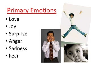 Primary Emotions
• Love
• Joy
• Surprise
• Anger
• Sadness
• Fear
 