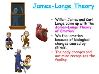 James-Lange Theory
• Willam James and Carl
Lange came up with the
James-Lange Theory
of Emotion.
• We feel emotion
because of biological
changes caused by
stress.
• The body changes and
our mind recognizes the
feeling.
 