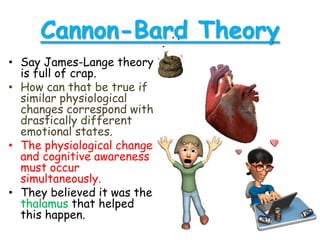 Cannon-Bard Theory
• Say James-Lange theory
is full of crap.
• How can that be true if
similar physiological
changes correspond with
drastically different
emotional states.
• The physiological change
and cognitive awareness
must occur
simultaneously.
• They believed it was the
thalamus that helped
this happen.
 