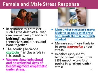 Female and Male Stress Response
 In response to a stressor
such as the death of a loved
one, women may “tend and
befriend”: nurture
themselves and others, and
bond together.
 The bonding hormone
oxytocin may play a role in
this bonding.
 Women show behavioral
and neurological signs of
becoming more empathetic
under stress.
 Men under stress are more
likely to socially withdraw
and numb themselves with
alcohol.
 Men are also more likely to
become aggressive under
stress.
 In either case, men’s
behavior and brains show
LESS empathy and less
tuning in to others under
stress.
40
 