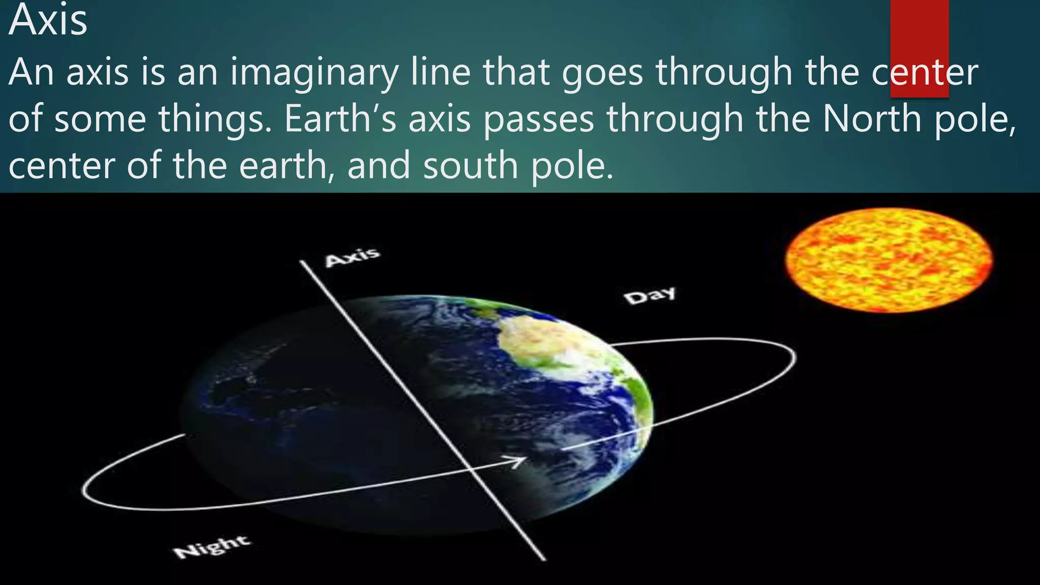 Axis
An axis is an imaginary line that goes through the center
of some things. Earth’s axis passes through the North pole,
center of the earth, and south pole.
 