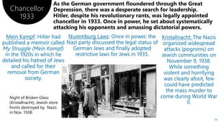 Chancellor
1933
56
Night of Broken Glass
(Kristallnacht), Jewish store
fronts destroyed by Nazis
in Nov. 1938.
 