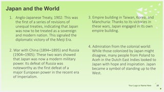 Your Logo or Name Here
Japan and the World
1. Anglo-Japanese Treaty, 1902: This was
the first of a series of revisions of
unequal treaties, indicating that Japan
was now to be treated as a sovereign
and modern nation. This signaled the
diplomatic victory of the Meiji Era.
2. War with China (1894–1895) and Russia
(1904–1905): These two wars showed
that Japan was now a modern military
power. Its defeat of Russia was
noteworthy as the first defeat of a
major European power in the recent era
of Imperialism.
32
3. Empire building in Taiwan, Korea, and
Manchuria: Thanks to its victories in
these wars, Japan engaged in its own
empire building.
4. Admiration from the colonial world:
While those colonized by Japan might
disagree, many people from Poland to
Aceh in the Dutch East Indies looked to
Japan with hope and inspiration. Japan
became a symbol of standing up to the
West.
 