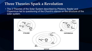 • The 3 Theories of the Solar System described by Ptolemy, Kepler and
Copernicus led to questioning of the Church’s stance on the structure of the
solar system.
Three Theories Spark a Revolution
 