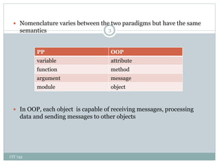 CIT 743
3
 Nomenclature varies between the two paradigms but have the same
semantics
 In OOP, each object is capable of receiving messages, processing
data and sending messages to other objects
PP OOP
variable attribute
function method
argument message
module object
 