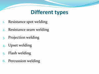 Different types
1. Resistance spot welding
2. Resistance seam welding
3. Projection welding
4. Upset welding
5. Flash welding
6. Percussion welding
 