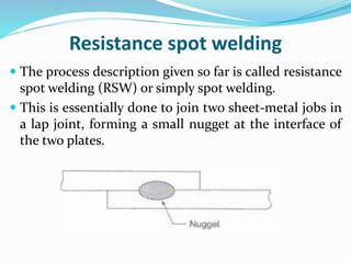 Resistance spot welding
 The process description given so far is called resistance
spot welding (RSW) or simply spot welding.
 This is essentially done to join two sheet-metal jobs in
a lap joint, forming a small nugget at the interface of
the two plates.
 