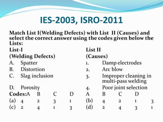IES-2003, ISRO-2011
Match List I(Welding Defects) with List II (Causes) and
select the correct answer using the codes given below the
Lists:
List-I List II
(Welding Defects) (Causes)
A. Spatter 1. Damp electrodes
B. Distortion 2. Arc blow
C. Slag inclusion 3. Improper cleaning in
multi-pass welding
D. Porosity 4. Poor joint selection
Codes:A B C D A B C D
(a) 4 2 3 1 (b) 4 2 1 3
(c) 2 4 1 3 (d) 2 4 3 1
 