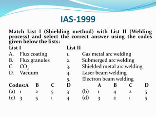 IAS-1999
Match List I (Shielding method) with List II (Welding
process) and select the correct answer using the codes
given below the lists:
List I List II
A. Flux coating 1. Gas metal arc welding
B. Flux granules 2. Submerged arc welding
C. CO2 3. Shielded metal arc welding
D. Vacuum 4. Laser beam welding
5. Electron beam welding
Codes:A B C D A B C D
(a) 1 2 5 3 (b) 1 4 2 5
(c) 3 5 1 4 (d) 3 2 1 5
 