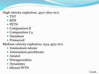 High velocity explosives, 4572-7620 m/s.
 TNT
 RDX
 PETN
 Composition B
 Composition C4
 Datasheet
 Primacord
Medium velocity explosives, 1524-4572 m/s
 Ammonium nitrate
 Ammonium perchlorate
 Amatol
 Nitroguonidine
 Dynamites
 diluted PETN
Contd…
 