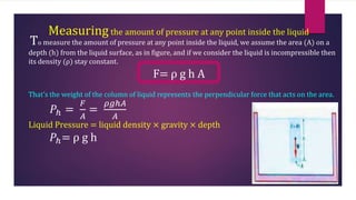 Measuring the amount of pressure at any point inside the liquid
To measure the amount of pressure at any point inside the liquid, we assume the area (A) on a
depth (h) from the liquid surface, as in figure, and if we consider the liquid is incompressible then
its density (ρ) stay constant.
That’s the weight of the column of liquid represents the perpendicular force that acts on the area.
𝑃ℎ =
𝐹
𝐴
=
𝜌𝑔ℎ𝐴
𝐴
Liquid Pressure = liquid density × gravity × depth
𝑃ℎ= ρ g h
F= ρ g h A
 
