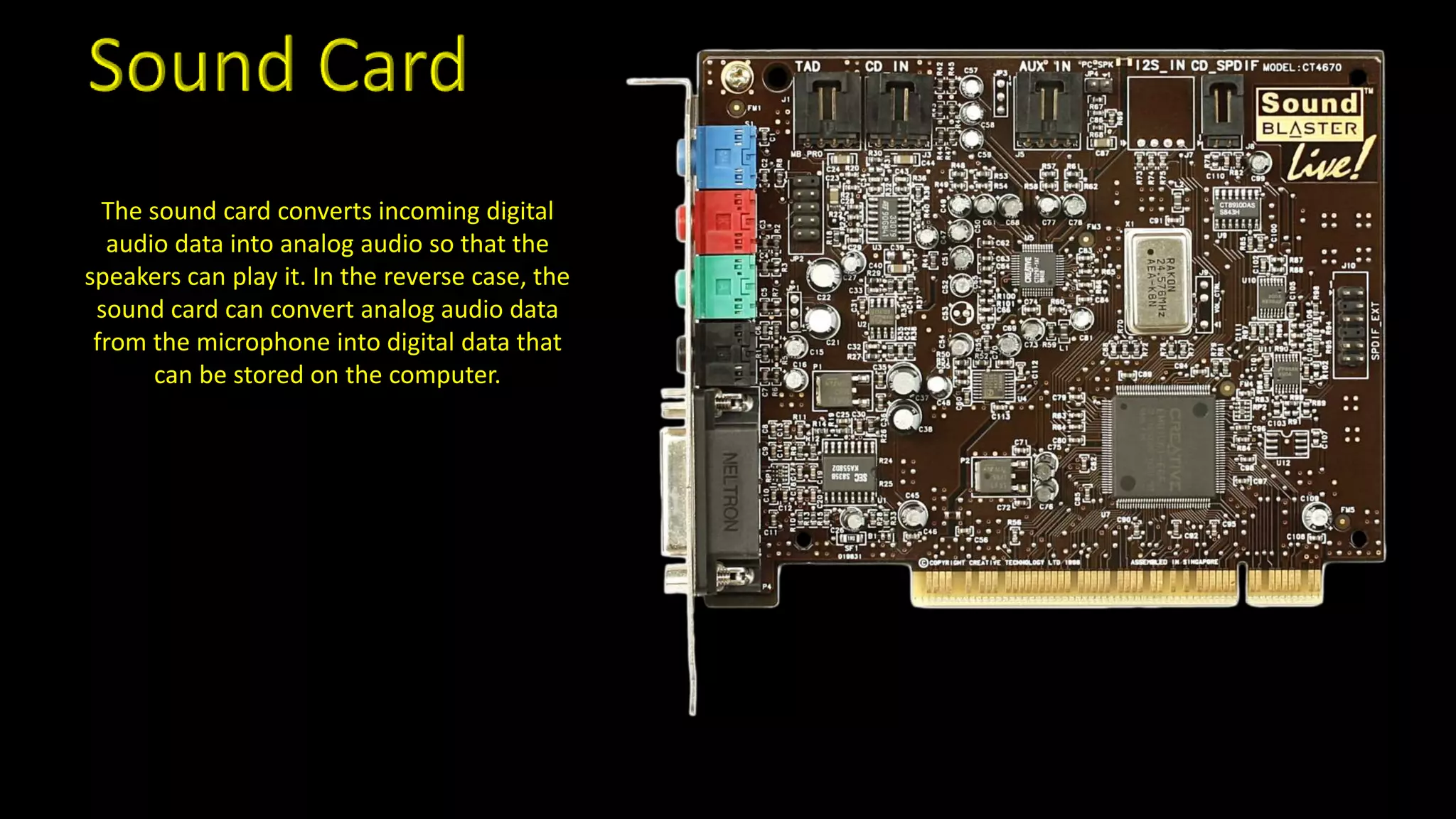 The sound card converts incoming digital
audio data into analog audio so that the
speakers can play it. In the reverse case, the
sound card can convert analog audio data
from the microphone into digital data that
can be stored on the computer.
 