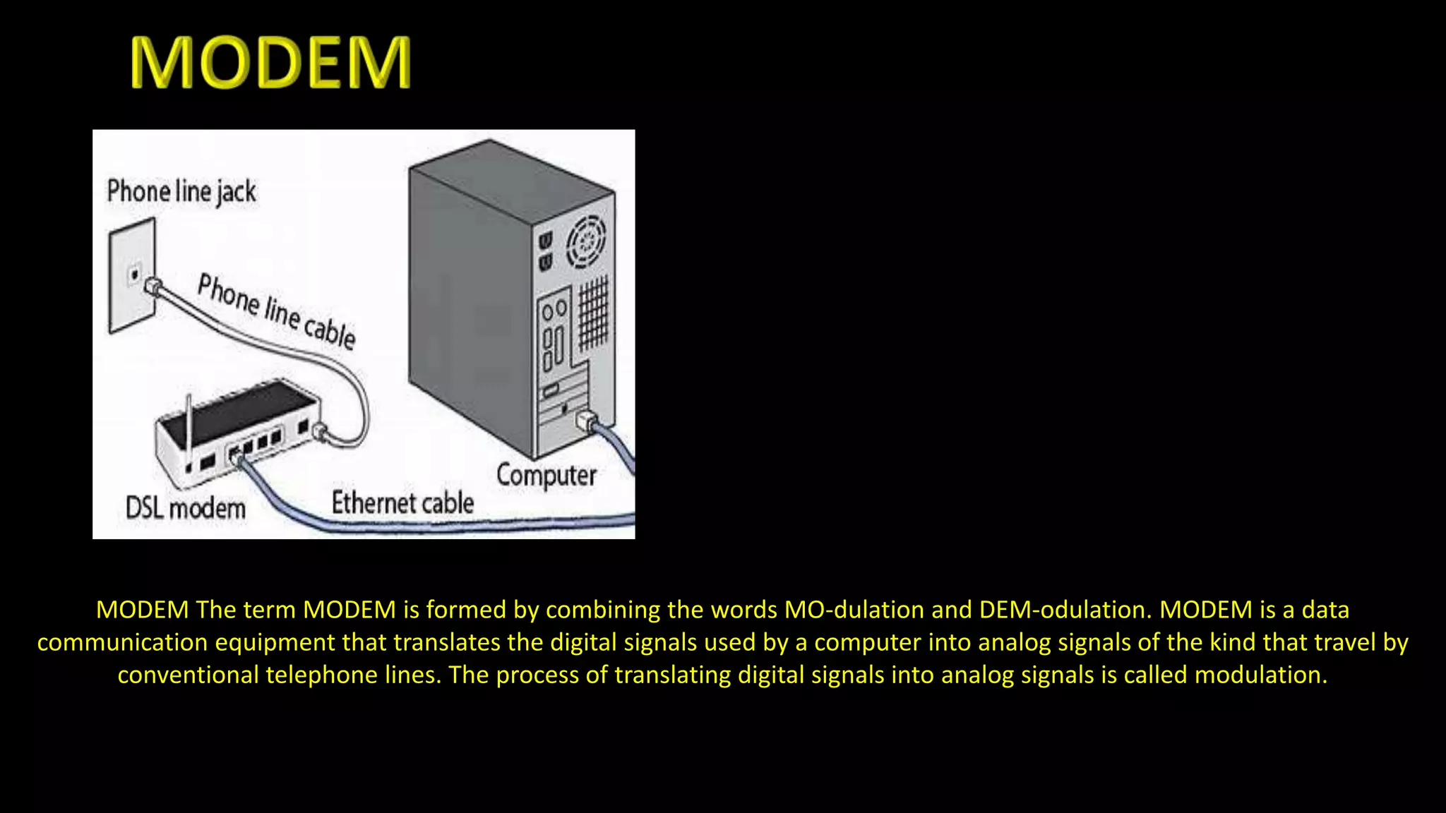 MODEM The term MODEM is formed by combining the words MO-dulation and DEM-odulation. MODEM is a data
communication equipment that translates the digital signals used by a computer into analog signals of the kind that travel by
conventional telephone lines. The process of translating digital signals into analog signals is called modulation.
 