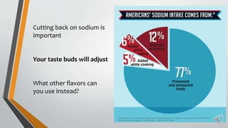 Cutting back on sodium is
important
Your taste buds will adjust
What other flavors can
you use instead?
 