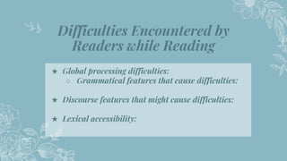 Difficulties Encountered by
Readers while Reading
15
★ Global processing difficulties:
○ Grammatical features that cause difficulties:
★ Discourse features that might cause difficulties:
★ Lexical accessibility:
 