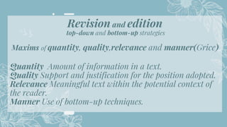 22
Revision and edition
top-down and bottom-up strategies
Maxims of quantity, quality,relevance and manner(Grice)
Quantity Amount of information in a text.
Quality Support and justification for the position adopted.
Relevance Meaningful text within the potential context of
the reader.
Manner Use of bottom-up techniques.
 